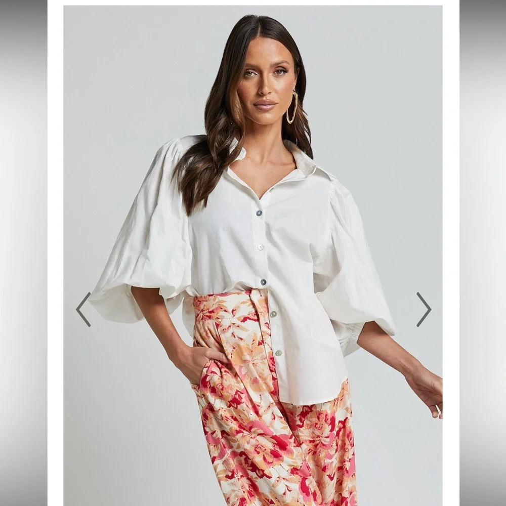 Showpo White Puff Sleeve Button Down Shirt - Picture 2 of 10